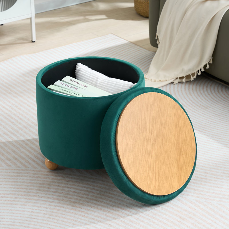 Upholstered Round Storage Ottoman, Tufted Velvet Ottoman, Footrest Stool with Tray, Green