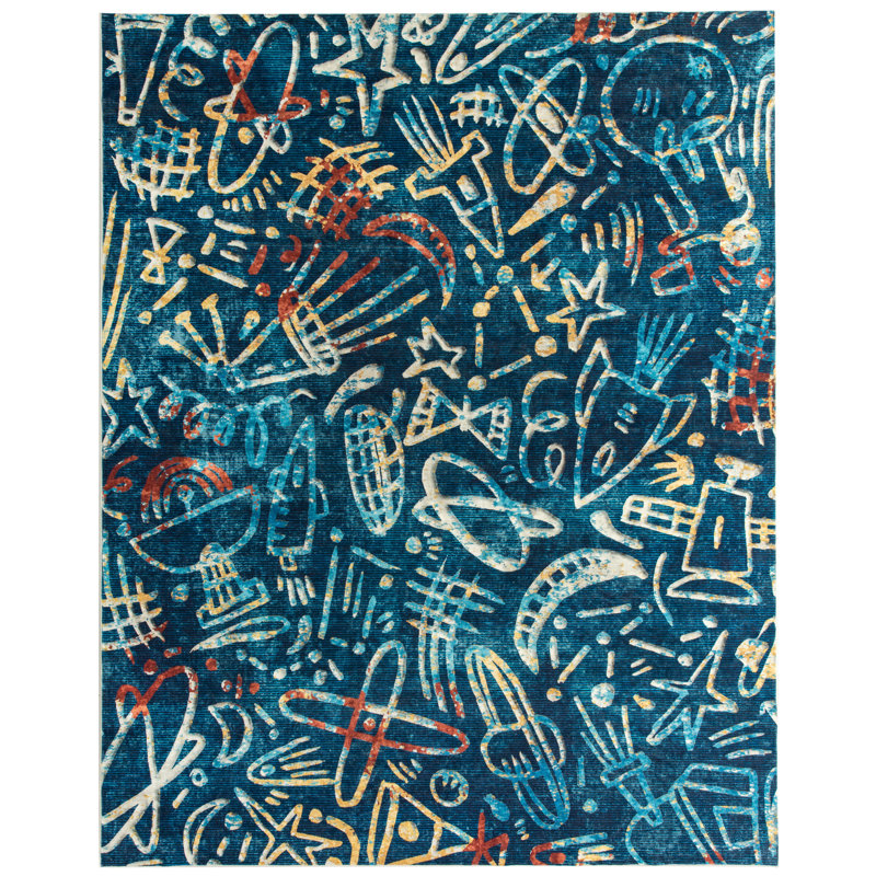 Merzglyphs by Katie Merz Galaxy Teal Space Machine Washable Area Rug, Rectangle 7'9" x 9'9"