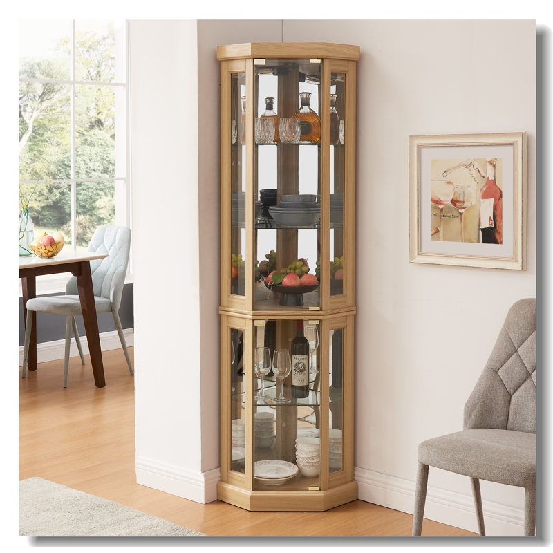 Light Oak Corner Glass Lighted Curio Cabinet