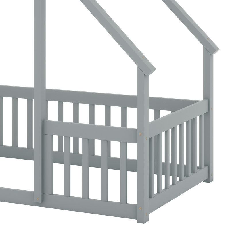Lit moderne en forme de maison moderne avec clôture et garde-corps, Gris