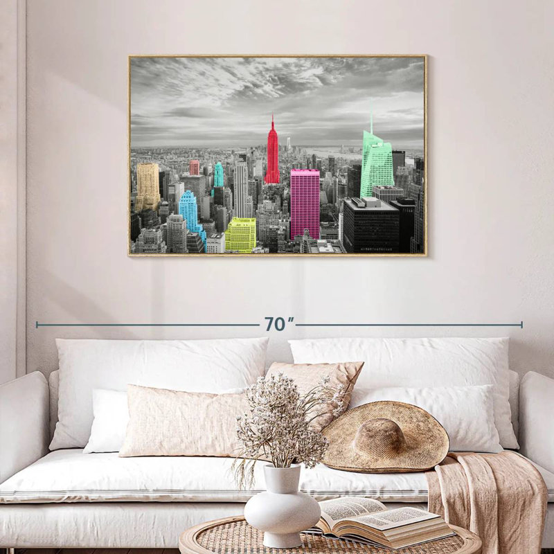 Manhattan Pop, 43 po x 29 po, Cadre flottant en bois naturel
