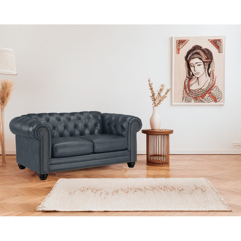 Ornellas 70" Leather Rolled Arm Chesterfield Loveseat, Slate Leather Match