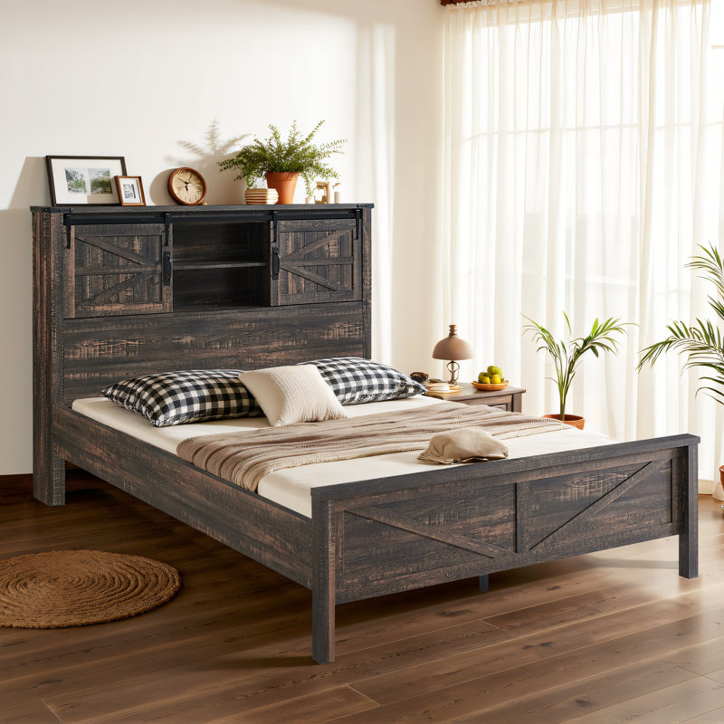 Farmhouse Bed Frame With Charging Station And Storage Cabinets, Queen, Dark Rustic Oak
