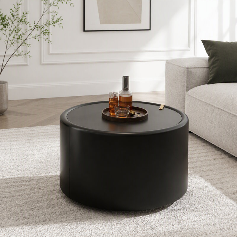 Table basse ronde avec plateau en verre trempé et rangement dissimulé, L 27,56 po, Black