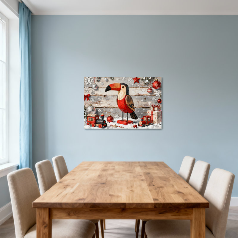 Toucan de Noël en bois et décor de train, H 16 po x l 24 po