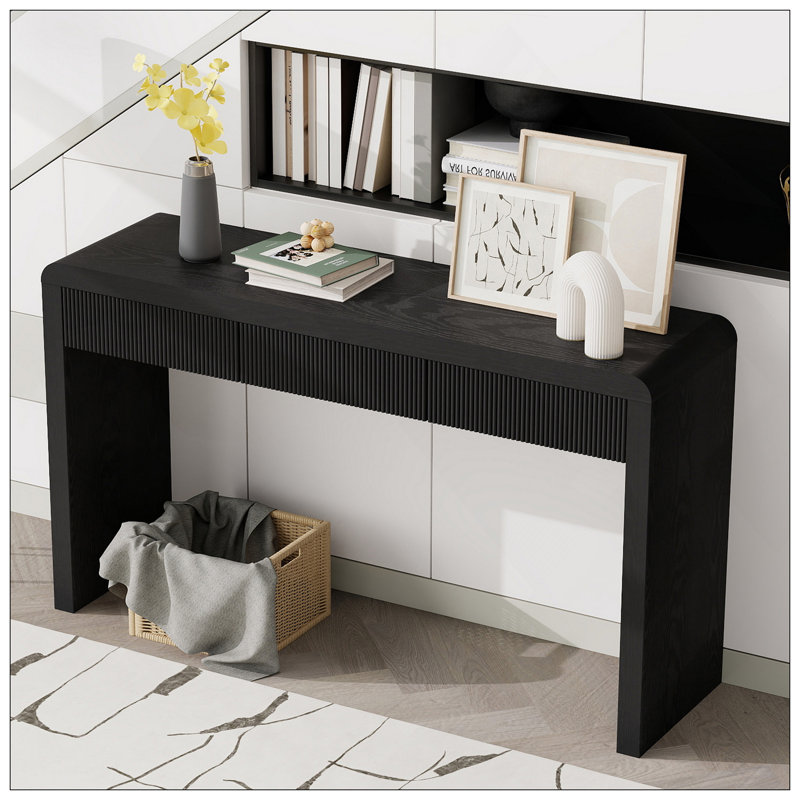 Rustic Console Table With 3 Fluted Drawers - Solid Wood Veneer Entryway Table Featuring Natural Wood Grain For Living Room, Hallway (Black)