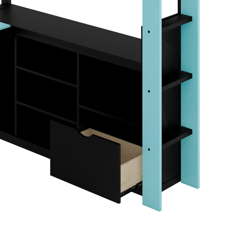 Advanced Gamer Bed With Loft Design, Integrated Desk,And Storage, Blue