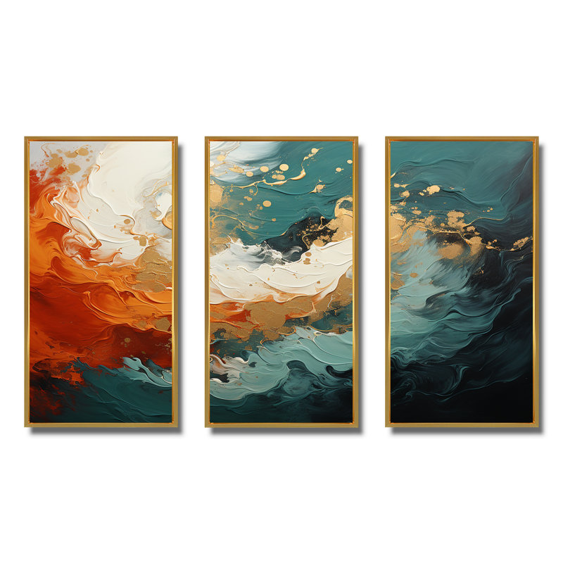 Orange et marbre doré, lave III - art mural abstrait, Cadre flottant doré, H 32 po x l 48 po x P 1 po
