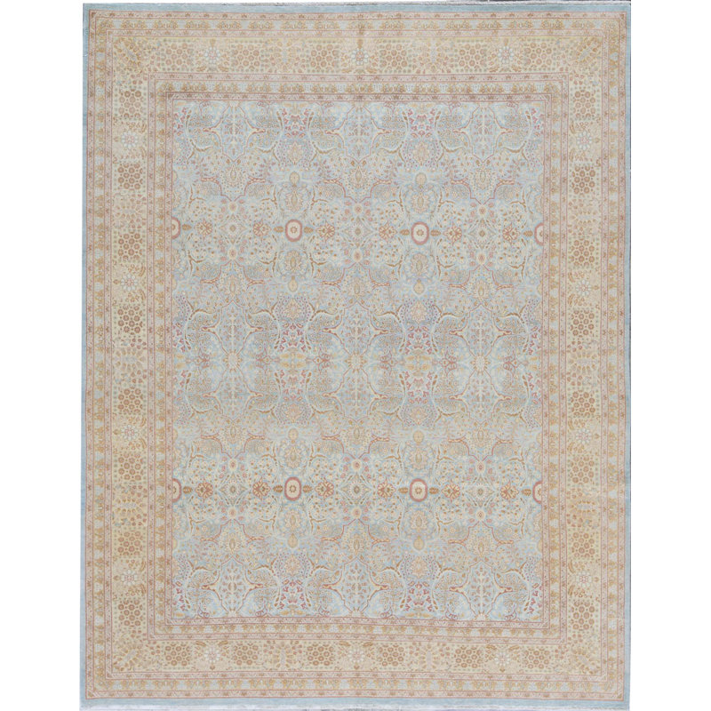 Tapis bleu clair et beige noué à la main de haute qualité