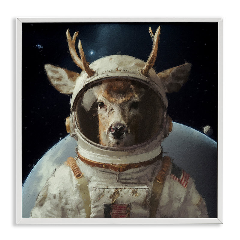 «Space Astronaut Deer», art de la giclée encadrée par Sean Parnell, Estampe numérique encadrée blanc bord de mer
