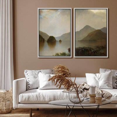 Paysage de lac et de montagne serein, nature paisible, nature sauvage, illustrations, décor rustique