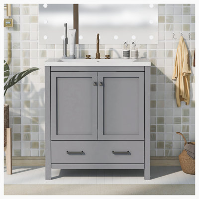 Meuble-lavabo simple autoportant de 18 po avec plateau en céramique Aulley