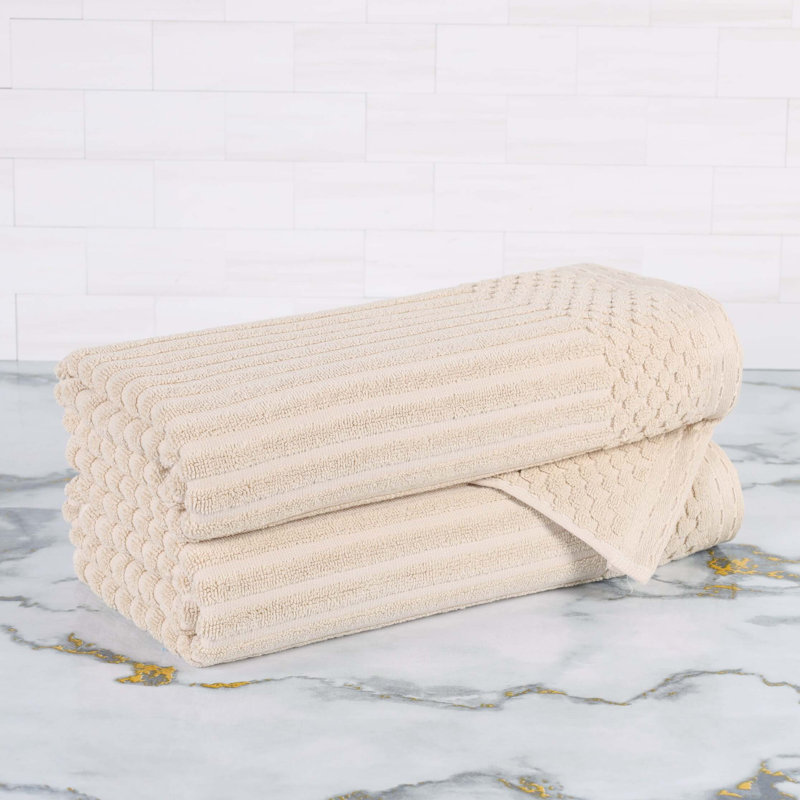 Ruvins Cotton Highly Absorbent Solid and Checkered Border Bath Towel Set, Ivory