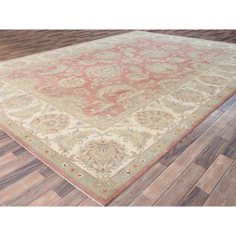 10'x14'5" Rouge Pink, Vintage Rajasthan, Washed, Clean and Soft, Full Pile, 100% Wool, Hand Knotted, Sides and Ends Secured, Oriental Rug
