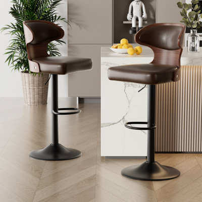 Bar Stools Set of 2 Seat Adjustable Height 62.2-85.1cm Bentwood Swivel Barstools with Back & Footrest - PU Leather Upholstered Bar Chair for Bar, Kitchen, Dining Room