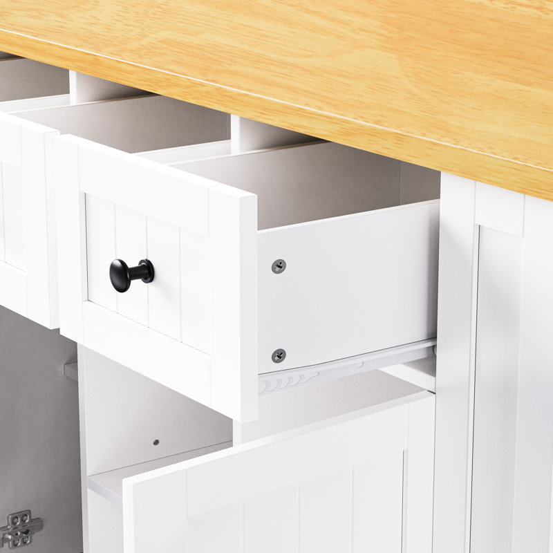 Large Kitchen Island With Drop Leaf, Power Socket, Internal Storage, Rolling On 5 Wheels, White Finish 53" , 5 Rolling,