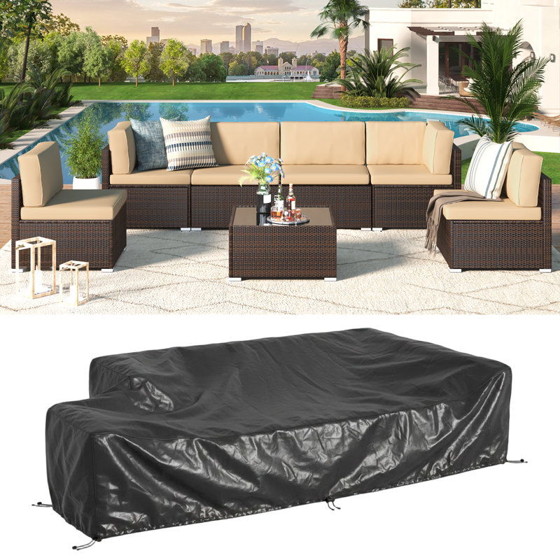 7-Piece Rattan Outdoor Patio Furniture Set With Cover And Table, Brown