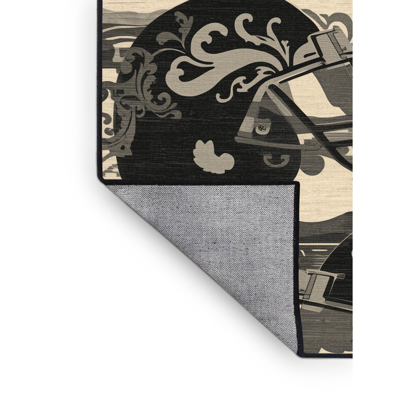 Machine Washable Medford American Football Helmet Classic Damask Rug in Gray – Black Binding, 2x3