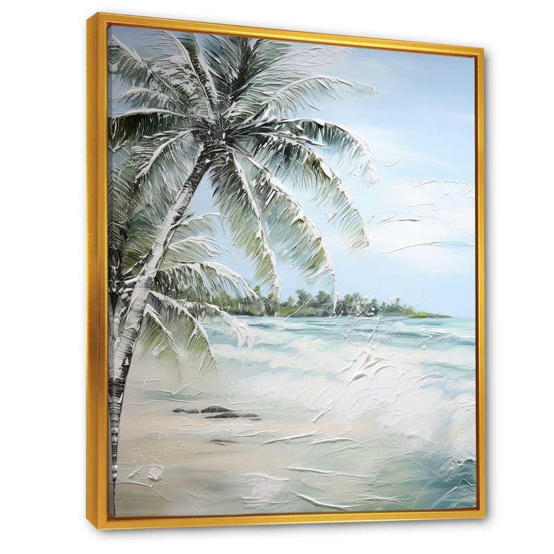 Palmier avec vue sur l'océan et paradis, Cadre flottant doré, H 44 po x l 34 po x P 1,5 po