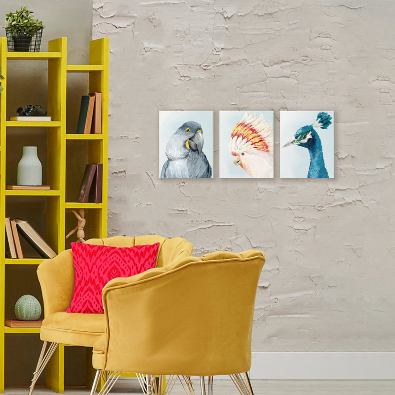 «Vivid Plumage Bird Portraits», ensemble de 3 toiles par Hannah Dawson, H 14 po x l 11 po