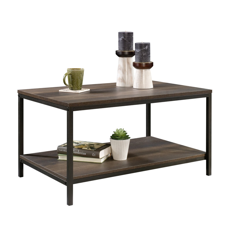 Table basse en bois avec tablettes ouvertes, brun