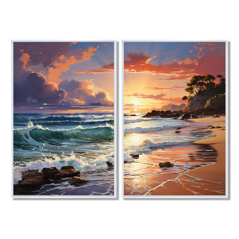 Plage coucher de soleil plage I - plage, plage, sable, art mural, 2 panneaux, 36" H x 48" W, Impression encadrée flottante