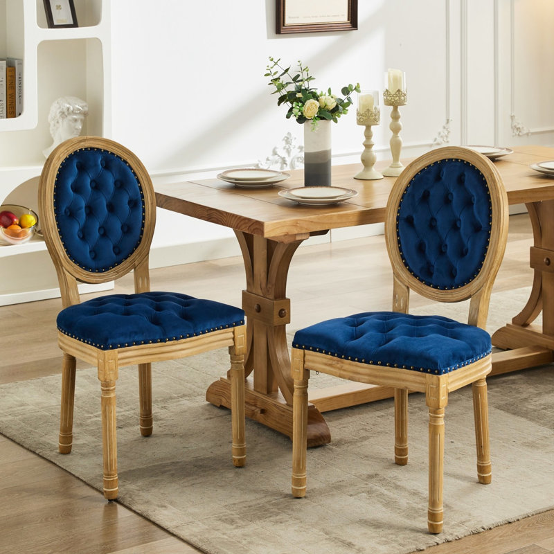 Élégantes chaises de salle à manger, velours bleu, bois massif, de 2 chevilles réglables en bois, fabriquées à la main