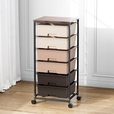 Tiroirs de rangement roulants avec roues, chariot utilitaire avec 6 grands tiroirs et plateau de table en bois