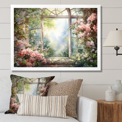 Pink Blossoming country window Gaze  II - Window Framed Canvas Print