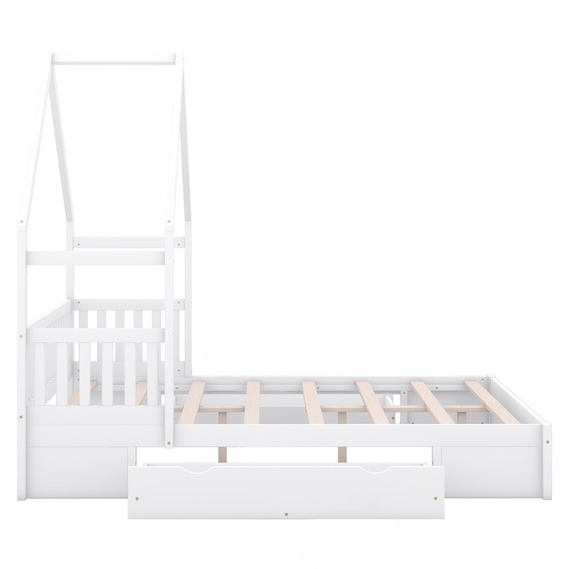 Grand lit plateforme en bois avec garde-corps et 2 tiroirs, blanc