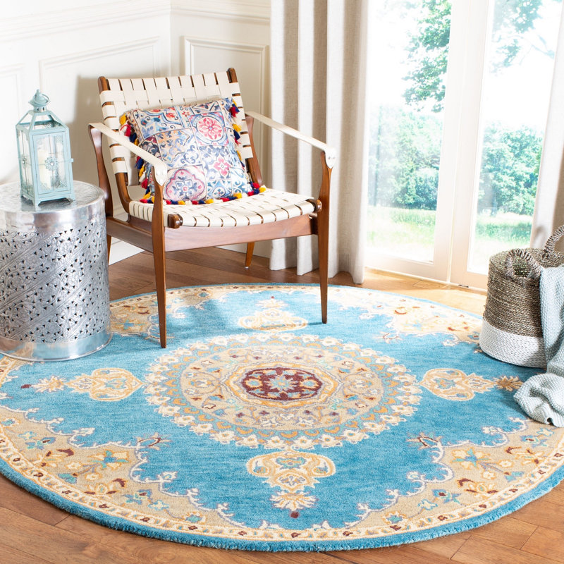 Clavene Hand Tufted Wool/Cotton Oriental Rug in Yellow/Blue, Round 6'