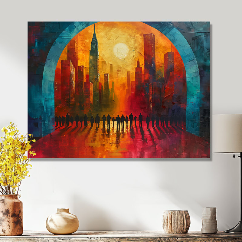 Rouge, bleu, ville, connexion, été, ciel, gratte-ciel, ponts, art mural, salon, Métal métal, H 16 po x l 32 po