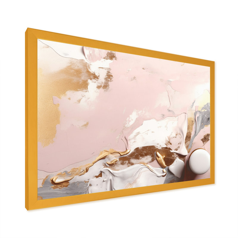 Marbre rose et doré mystérieux I - décoration murale abstraite en marbre, H 34 po x l 44 po x P 1,5 po, Encadrement doré