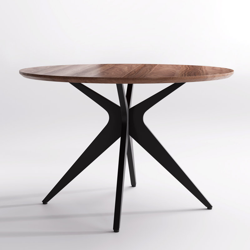 45.3" W 4-Person Round Solid and Manufactured Wood Dining Table with Metal Legs, Walnut, Solid and Manufactured Wood