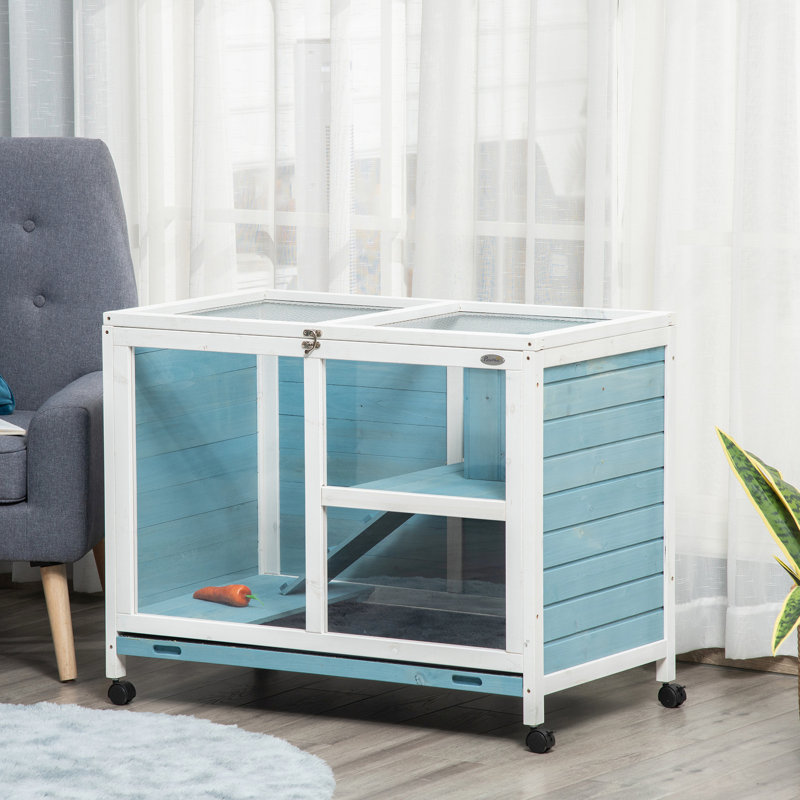 Lapin bleu avec roues - Dimensions du bureau et de la table d'appoint, cage en bois imperméable, compacte pour les lapins nains bleus et imperméables