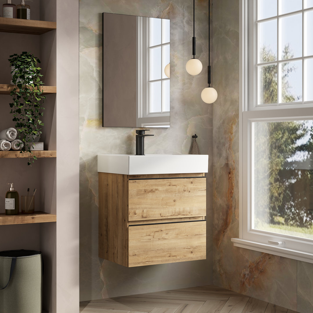 Bethene 600mm Ostippo Oak Wall Hung Vanity Unit With Veneto 1 Tap Hole Basin