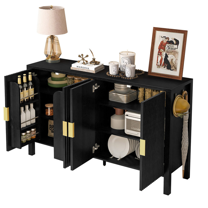 57.5"W Sideboard with Racks, Adjustable Shelves and Side Hooks, Black