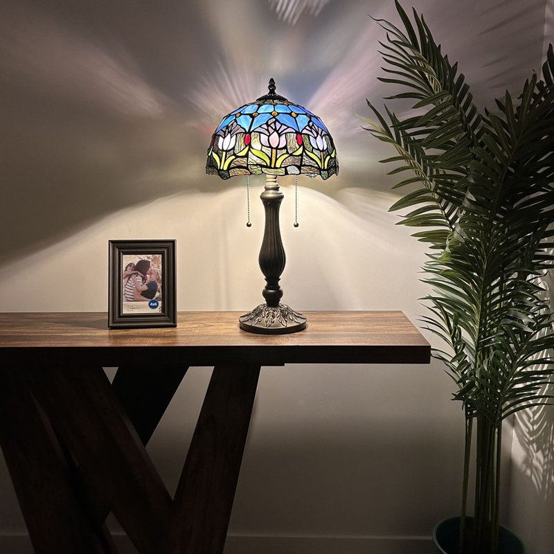 Lampe de table Bernhardiène Tiffany Tulipes en verre coloré bleu mauve avec ampoules DEL incluses H22 po