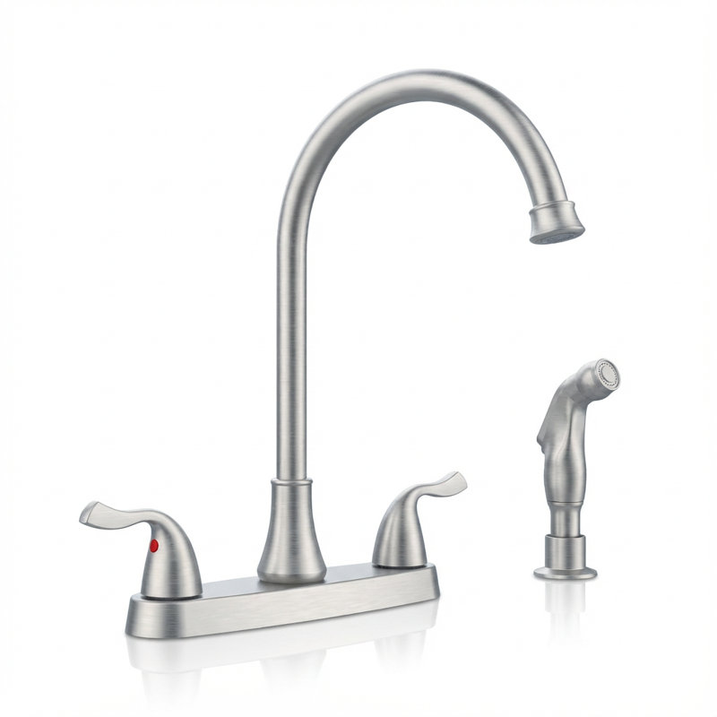 High Arc 2-handle Kitchen Faucet With Pull-out Side Sprayer, 360° Swivel Spout, 4-hole Installation