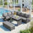 5-Piece Outdoor Patio Rattan Sofa Set, Sectional Pe Wicker L-Shaped Garden Furniture Set With 2 Extendable Side Tables, Dining Table And Washable Covers For Backyard, Poolside, Indoor-836809578-836809572