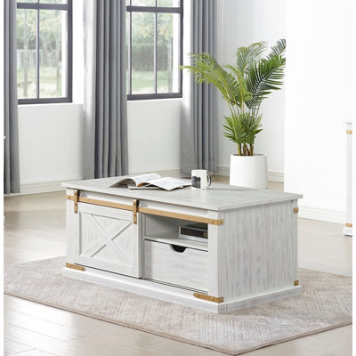 Table basse contemporaine en blanc antique et or avec tiroir accessible des deux côtés et accents en acier pour le salon Tablettes ouvertes de style rustique moderne