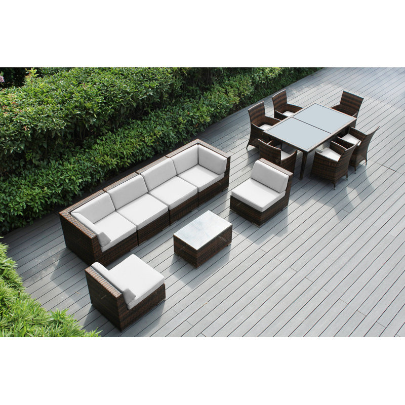 Ensemble de patio complet en rotin avec coussins 14 pièces Pavior, Mélange de bruns, Toile Sunbrella® beige antique