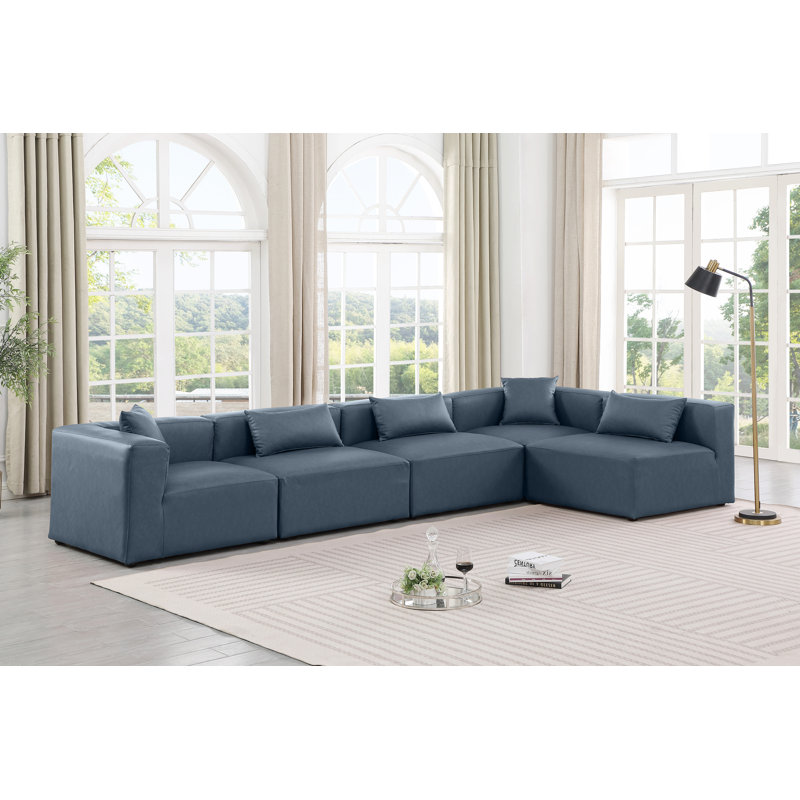 Canapé modulaire en similicuir 5 pièces Ivion, Cuir végétalien bleu marine