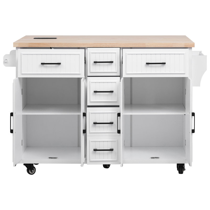Kitchen Island with Drop Leaf and Built-In Charging Station, 36'' H X 56.5'' W X 29.5'' D, White