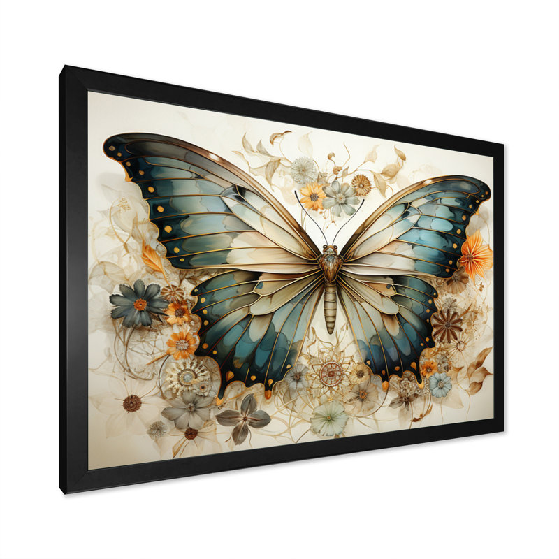 Papillon beige sarcelle, motifs complexes - art mural papillon, H 16 po x l 32 po x P 1 po, Cadre simple noir