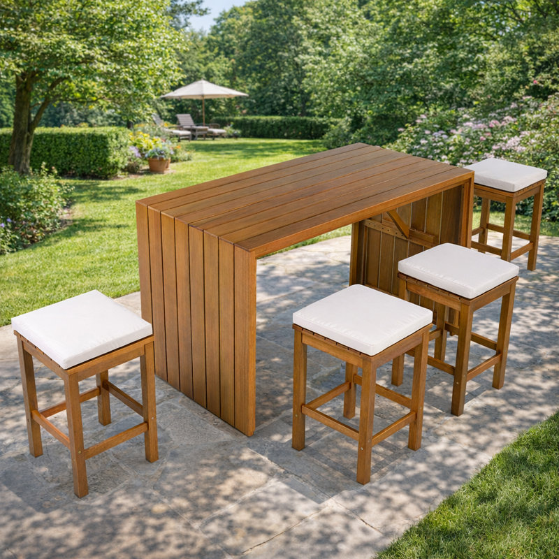 Ensemble de bar d'extérieur 5 pièces en bois d'acacia avec coussins beiges, table à hauteur de bar et 4 tabourets de patio