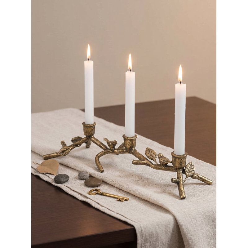 Rustic Iron Branch Candle Holder with Bird Accents, Antique Brass 3-Cup Taper Candelabra for Mantel and Dining Table