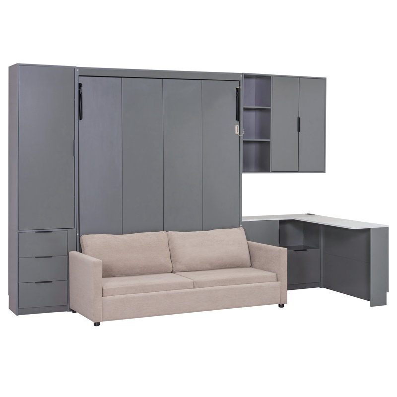 Grand lit escamotable mural avec rangement hydraulique, canapé, tablettes et tiroirs, éclairage DEL / USB, panneau gris foncé, canapé beige