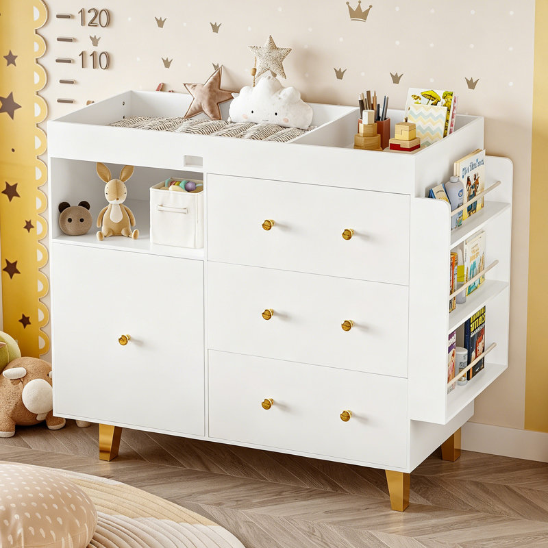 Wooden Baby Changing Table Dresser,Diaper Changing Table with Large Tabletop,4 Drawers, Open Storage Space & Side Shelves,Modern Storage Crib with Changing Table for Nurseries and Baby Rooms,White