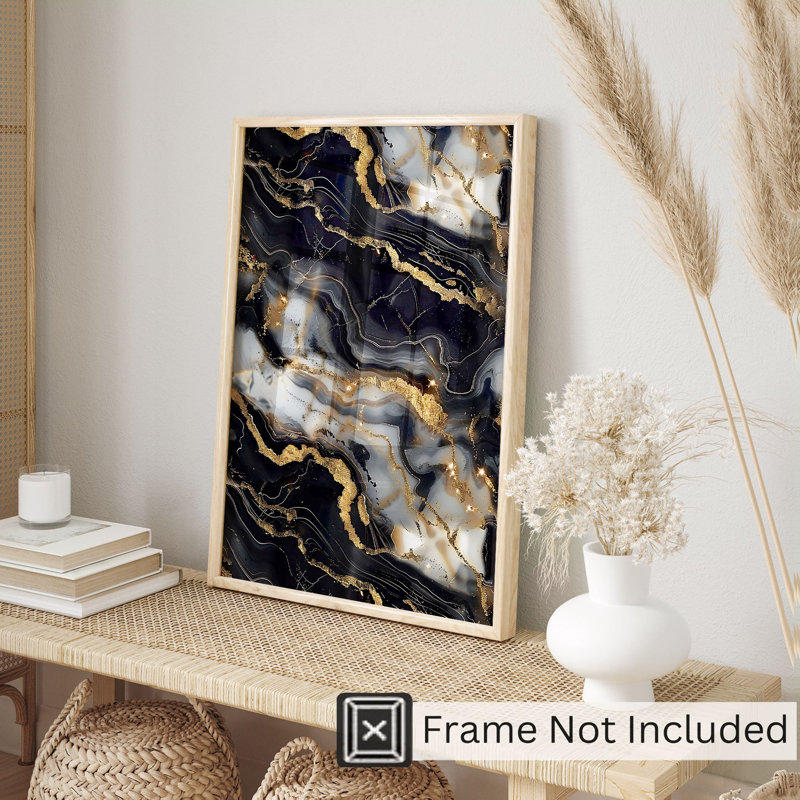 Abstrait noir et doré Geode IV, reproduction d'art moderne sans cadre, H 36 po x l 24 po
